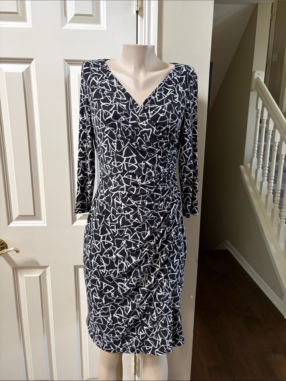 Lauren Ralph Lauren Black & White Abstract faux Wrap-Style  Dress, 10